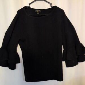 Cashmere Black Ruffle 3/4 Sleeve Sweater